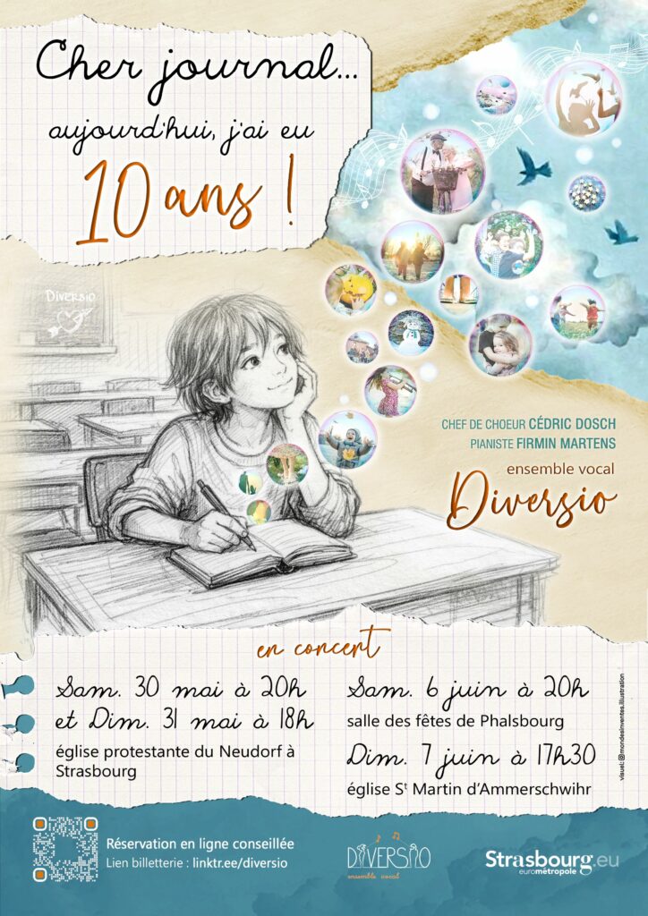 Cher journal... aujourd'hui j'ai eu 10 ans ! 
Un enfant rêveur qui écrit un journal, bulles de pensé avec des images de souvenirs. Décors salle de classe au crayon à papier