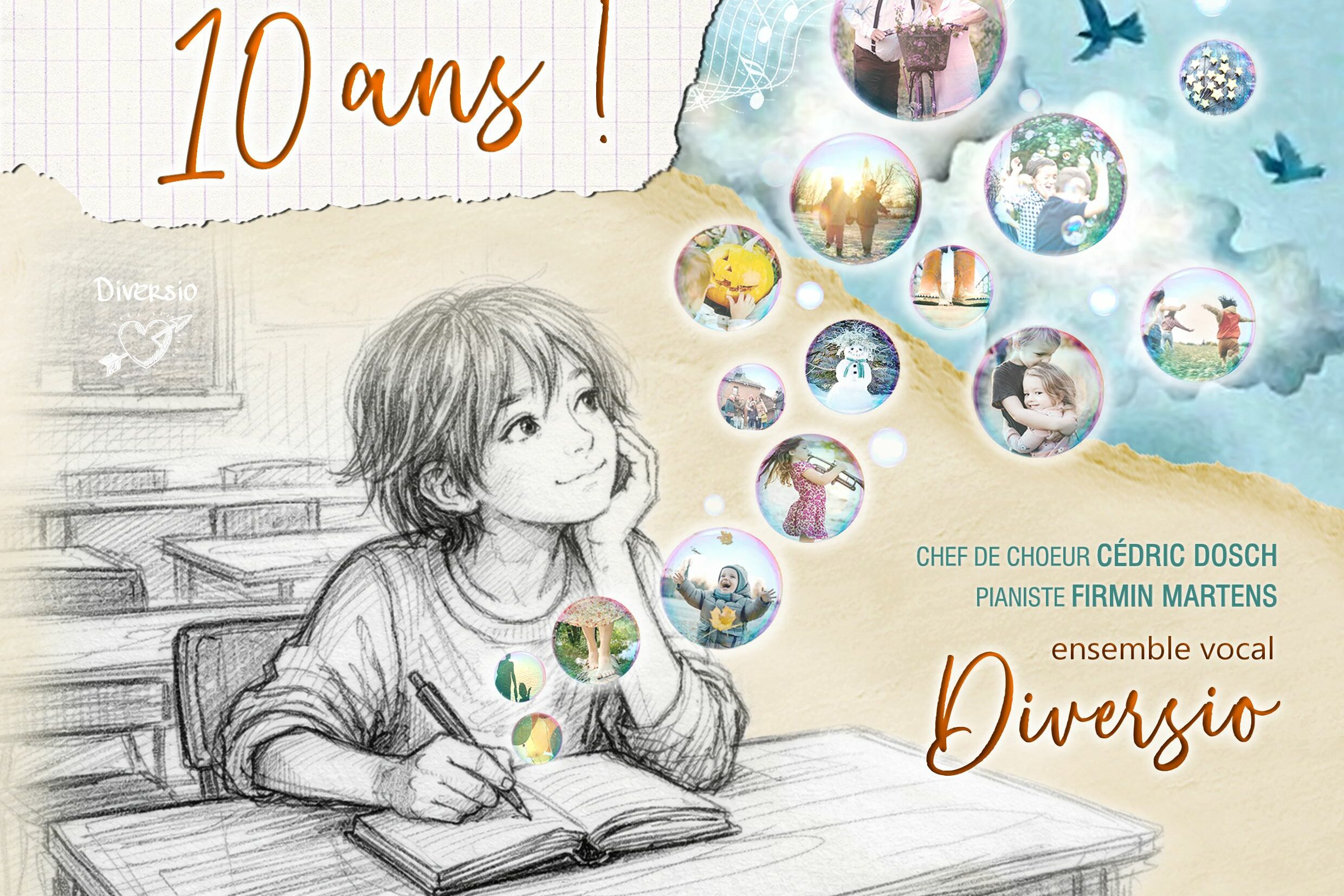 Cher journal... aujourd'hui j'ai eu 10 ans ! Un enfant rêveur qui écrit un journal, bulles de pensé avec des images de souvenirs. Décors salle de classe au crayon à papier