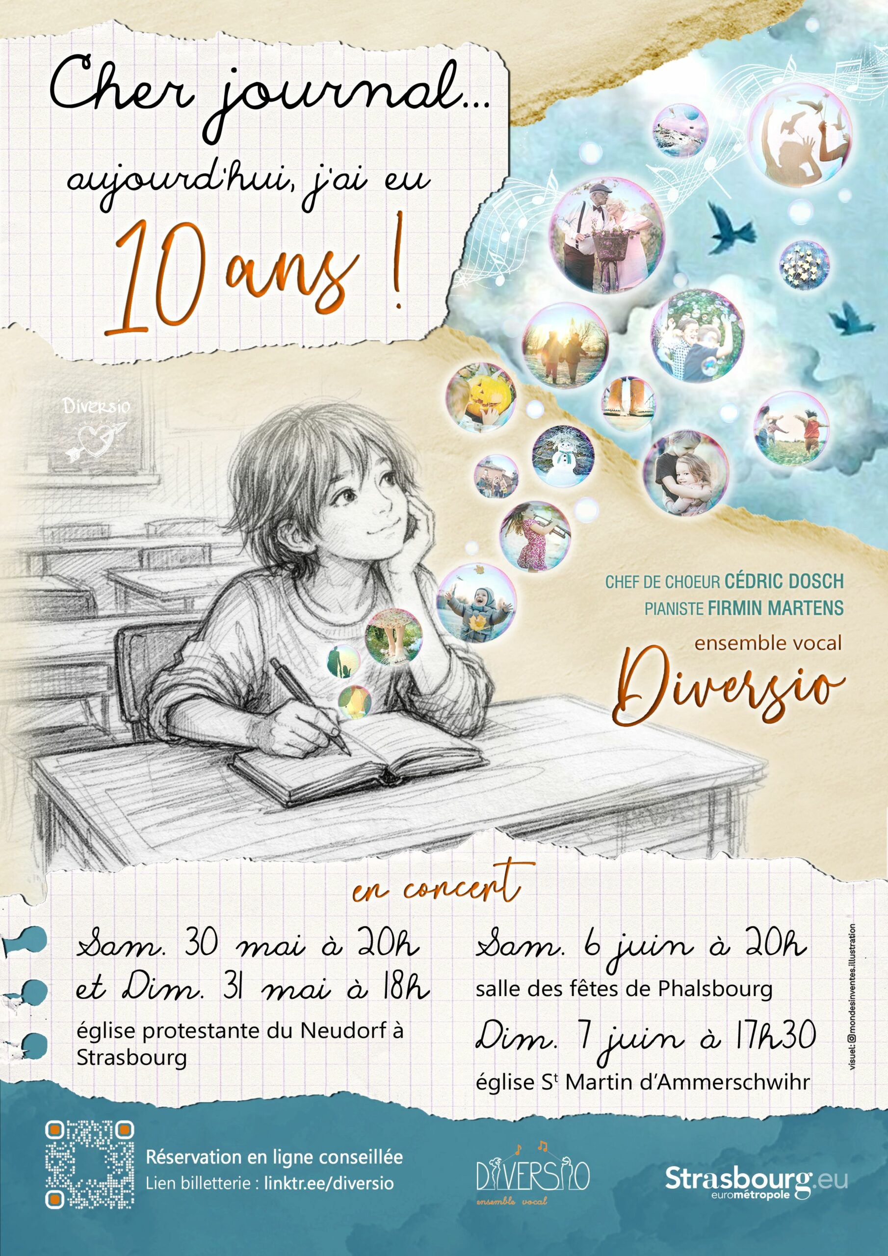 Cher journal... aujourd'hui j'ai eu 10 ans ! Un enfant rêveur qui écrit un journal, bulles de pensé avec des images de souvenirs. Décors salle de classe au crayon à papier