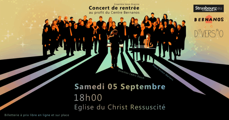 Diversio en concert de rentrée caritatif pour le centre Bernanos, samedi 5 septembre 2026 à 18h image représentant des choristes dessinés, en forme de silhouettes, avec une lumière chaleureuse en fond qui se projette au centre entre les silhouettes