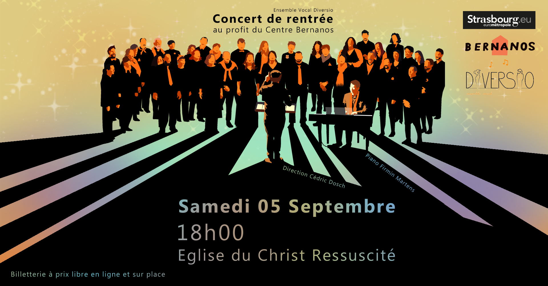 Diversio en concert de rentrée caritatif pour le centre Bernanos, samedi 5 septembre 2026 à 18h image représentant des choristes dessinés, en forme de silhouettes, avec une lumière chaleureuse en fond qui se projette au centre entre les silhouettes